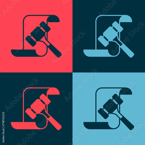 Pop art Auction hammer icon isolated on color background. Gavel - hammer of judge or auctioneer. Bidding process, deal done. Auction bidding. Vector