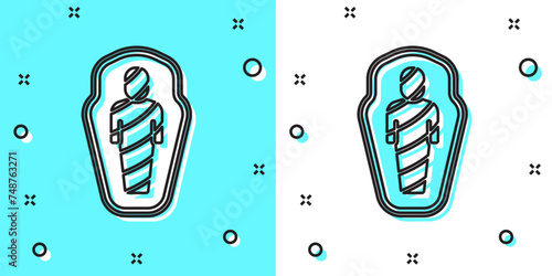 Black line Egypt mummy in sarcophagus icon isolated on green and white background. Random dynamic shapes. Vector