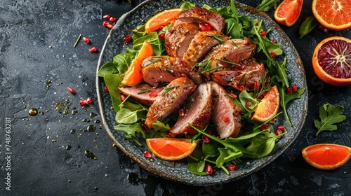 Duck salad on a plate with citrus. Menu recipe mock-up. Generative Ai
