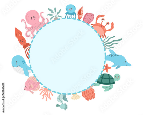Sea animals in flat style vector round frame on a white background.