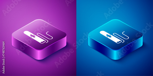 Isometric Cigar icon isolated on blue and purple background. Square button. Vector