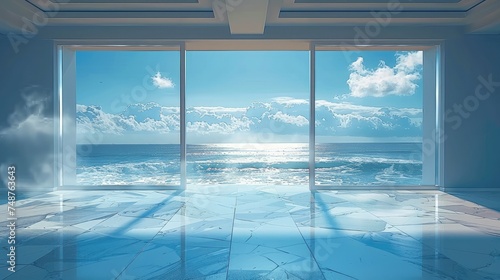 Empty room with a view of the ocean. Generative AI.