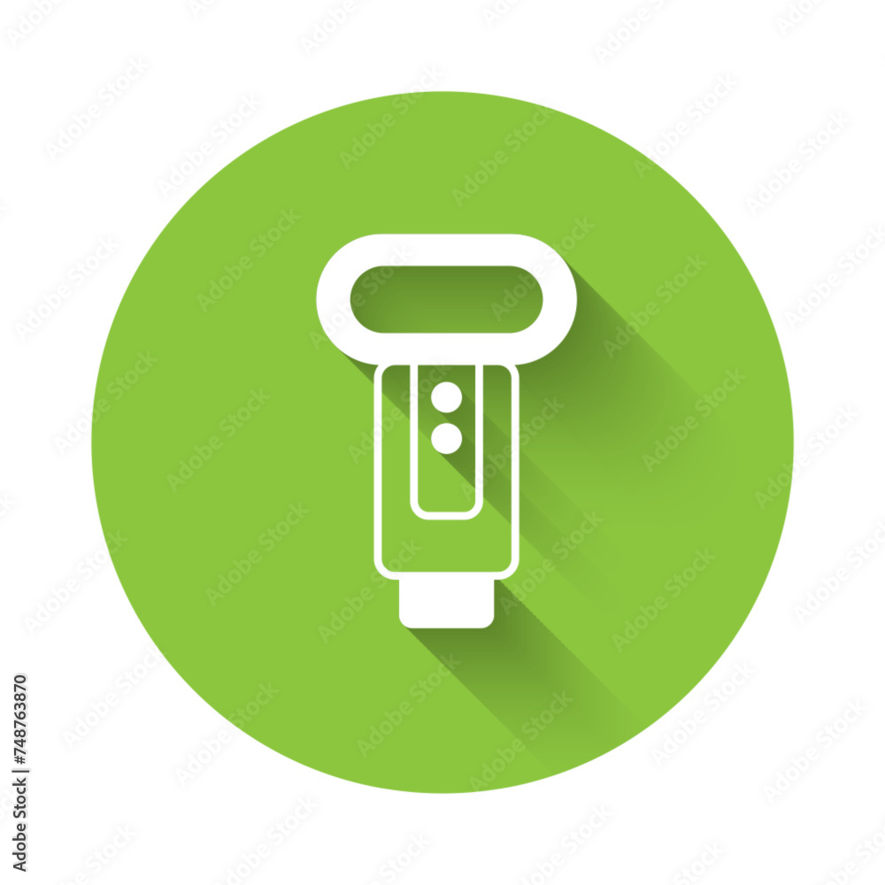 White Photo camera flash icon isolated with long shadow background. Green circle button. Vector White Photo camera flash icon isolated with long shadow background. Green circle button. Vector