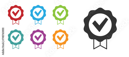 Black Approved or certified medal and check mark icon isolated on white background. Set icons colorful. Vector