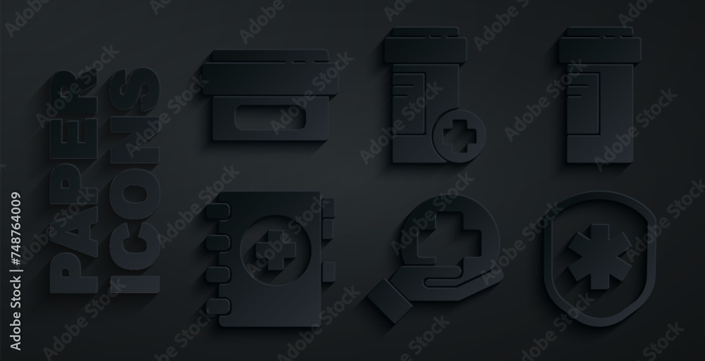 Set Cross hospital medical, Medicine bottle, Medical clipboard, shield with cross, and Ointment cream tube medicine icon. Vector Set Cross hospital medical, Medicine bottle, Medical clipboard, shield with cross, and Ointment cream tube medicine icon. Vector