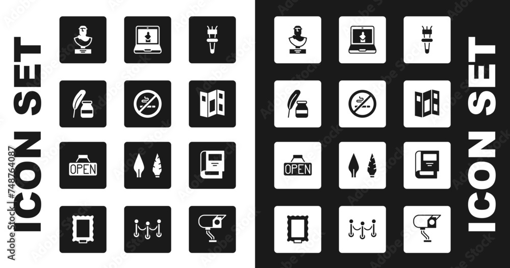 Set Torch flame, No Smoking, Feather and inkwell, Ancient bust sculpture, Museum guide brochure, Online museum, History book and Hanging sign with Open icon. Vector