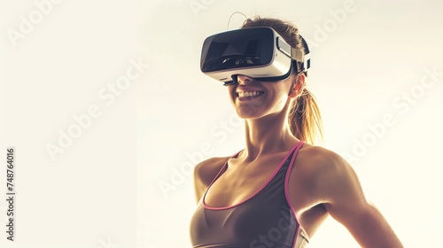 Sport Girl wearing virtual reality goggles. She is immersed in virtual reality