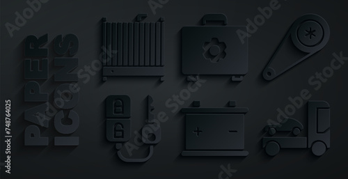 Set Car battery, Timing belt kit, key with remote, transporter truck, Toolbox and radiator cooling system icon. Vector