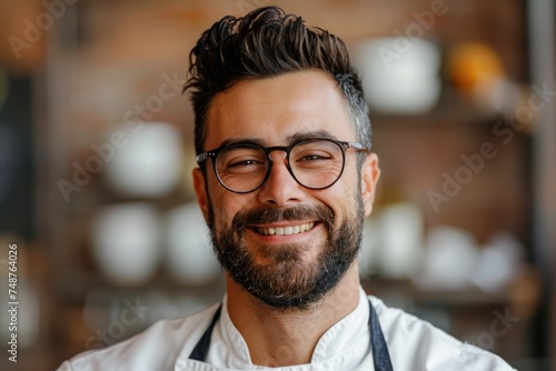 emotional portrait of happy italian chef in glasses. ai generated © dark_blade