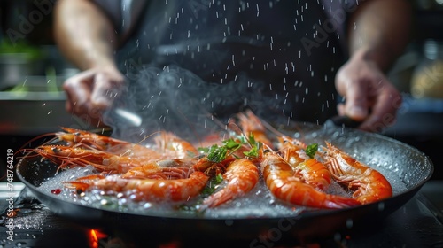 Frying shrimp in a pan. chef preparing shrimp against a black backdrop. Generative Ai