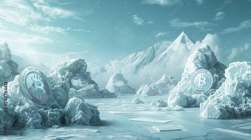 Crypto Winter Landscape: A visual play on the term "crypto winter," showing a frozen landscape with digital currency symbols. - obrazy, fototapety, plakaty 