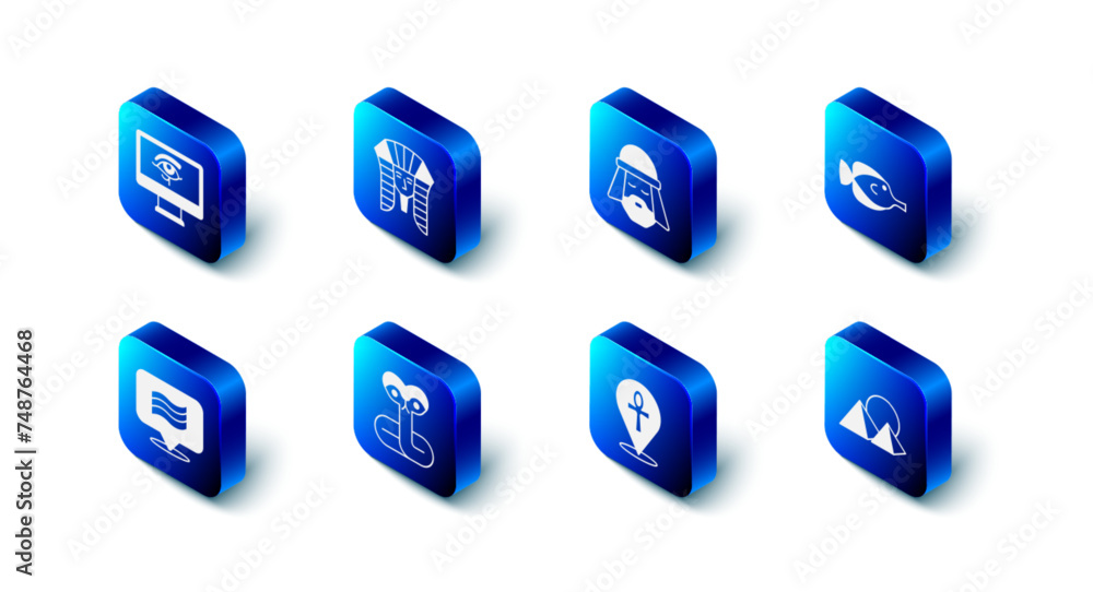 Set Egyptian pharaoh, man, Butterfly fish, pyramids, Cross ankh, Snake, Flag Of and Eye of Horus on monitor icon. Vector Set Egyptian pharaoh, man, Butterfly fish, pyramids, Cross ankh, Snake, Flag Of and Eye of Horus on monitor icon. Vector