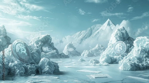 Crypto Winter Landscape: A visual play on the term "crypto winter," showing a frozen landscape with digital currency symbols.