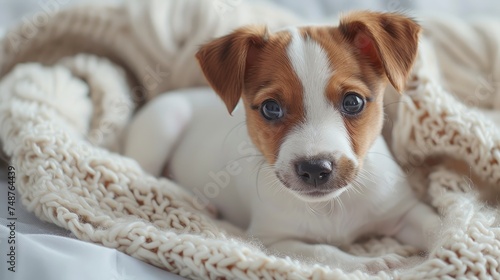 Funny moments: Funny little puppy on a white blanket. Generative Ai