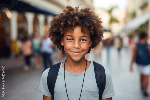 Dark-skinned happy boy with curly hair and a backpack on his back against the backdrop of a city street © Anzhela