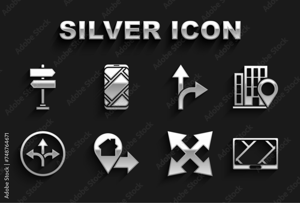 Naklejka premium Set Location with house, Gps device map, Road traffic sign, and City navigation icon. Vector