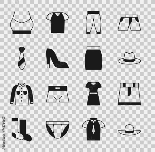Set Elegant women hat, Skirt, Man, Pants, Woman shoe, Tie, Female crop top and icon. Vector