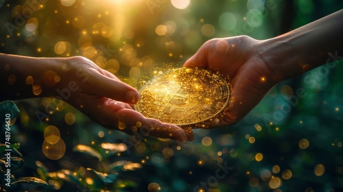 Cryptocurrency and Charity: Hands passing a digital coin, symbolizing a cryptocurrency donation.