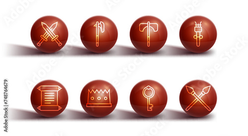 Set line Crossed medieval sword, Decree, parchment, scroll, Torch flame, Old key, King crown, Medieval axe, spears and icon. Vector