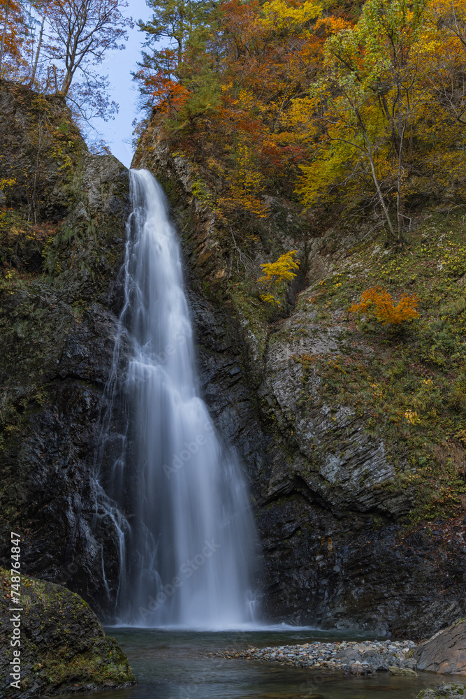 日本　青森県中津軽郡にある世界遺産、白神山地の暗門滝の第2の滝と紅葉