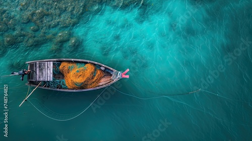 The fishing boat is a study in contrasts, with its weathered exterior standing in stark contrast to the beauty of the natural world that surrounds it. photo