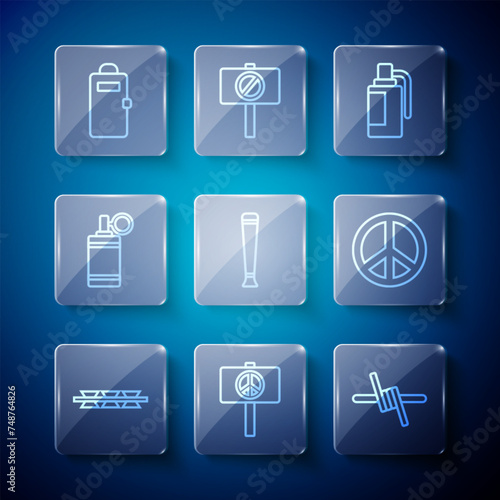 Set line Barbed wire, Peace, Hand grenade, Police rubber baton, assault shield and icon. Vector