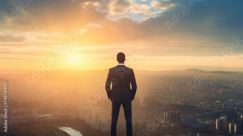 Man on hilltop looking over city dawn of opportunity