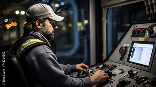 Subway train driver operating controls, focused, night shift photo