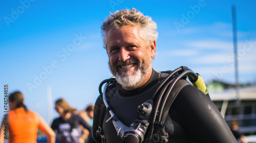 Happy mature scuba diver ready for diving outdoors