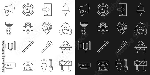 Set line Road barrier, Firefighter helmet, Campfire, exit, Electricity spark, Smoke alarm system, Megaphone and Location with flame icon. Vector