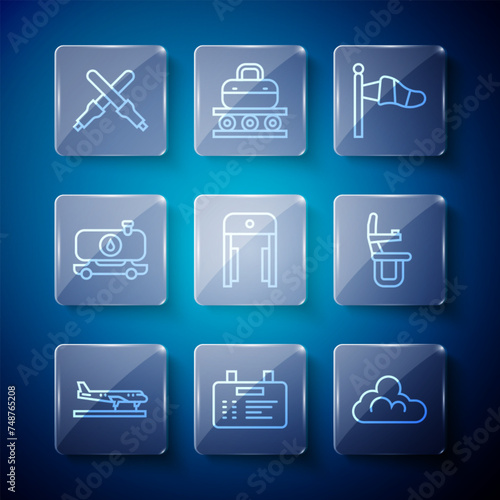 Set line Plane, Airport board, Cloud weather, Cone meteorology windsock, Metal detector airport, Fuel tanker truck, Marshalling wands and Airplane seat icon. Vector