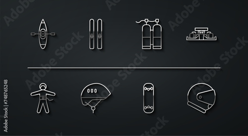 Set line Kayak or canoe, Bungee jumping, Formula 1 racing car, Skateboard trick, Bicycle helmet, Ski and sticks, Helmet and Aqualung icon. Vector