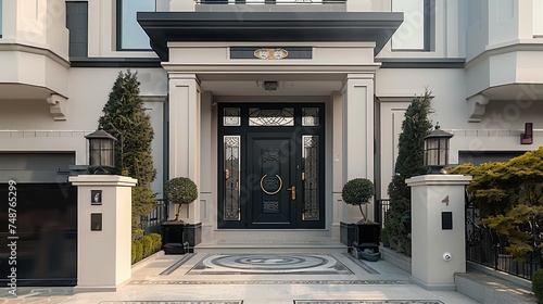 The entrance gate of the villa features a simple and elegant style, black and gray. Generative AI.