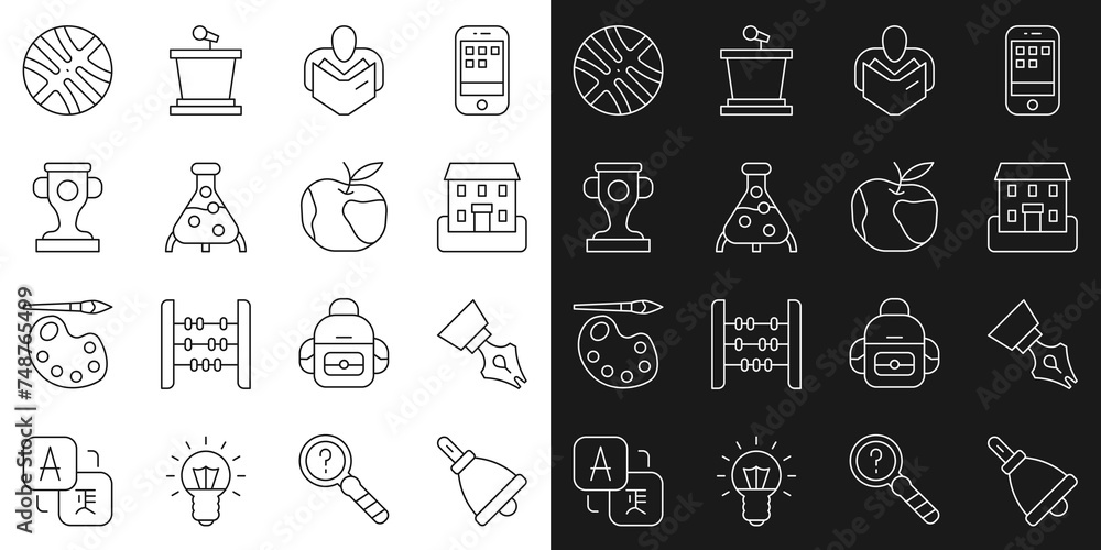 Set line Ringing bell, Fountain pen nib, School building, Man reading book, Test tube and flask, Award cup, Basketball ball and Apple icon. Vector