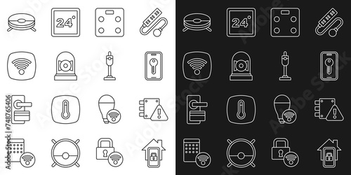Set line Mobile with smart home, House under protection, Smart key, bathroom scales, Ringing alarm bell, Wi-Fi wireless internet network, Robot vacuum cleaner and Vacuum icon. Vector