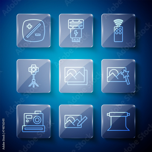 Set line Photo camera, retouching, Empty photo studio, Remote control for, frame, Softbox light, Exposure compensation and icon. Vector