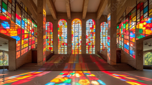 Colorful Stained Glass Windows and Reflections in Modern Hall