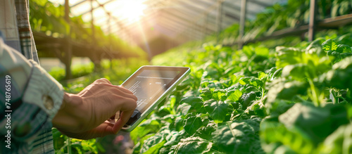 technology farm concept background. young farmer use tablet at greenhouse hydroponic farm