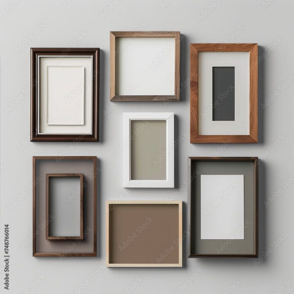 A variety of empty picture frames arranged in a flat lay configuration on a plain backdrop. A variety of empty picture frames arranged in a flat lay configuration on a plain backdrop.