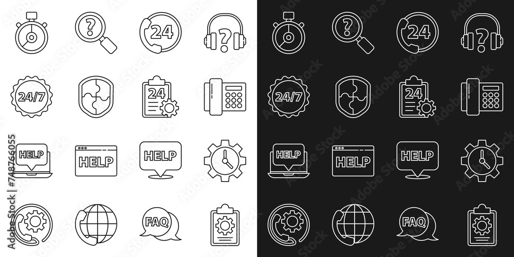 Set line Checklist with 24 hours service, Time Management, Telephone, support, Shield, Clock, Stopwatch and icon. Vector Set line Checklist with 24 hours service, Time Management, Telephone, support, Shield, Clock, Stopwatch and icon. Vector