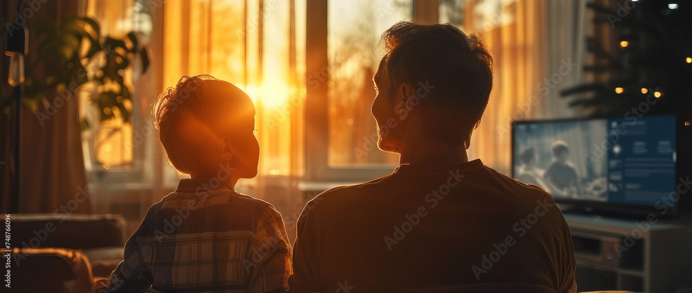 Father with son in the living room watching TV in warm light. Generative AI.