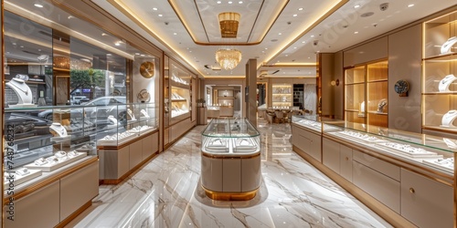 Wallpaper Mural Marble floors and sophisticated glass display cases line the illuminated interior of a high-end jewelry store. Torontodigital.ca