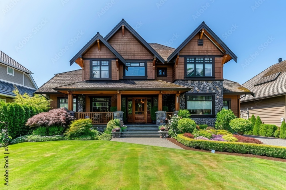 An elegant suburban house boasting a meticulous landscaped garden under the clear blue skies of a pleasant summer day. An elegant suburban house boasting a meticulous landscaped garden under the clear blue skies of a pleasant summer day.