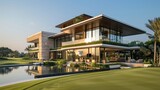 Clubhouse building, modern architecture, luxury, surrounded by golf course. Generative AI.