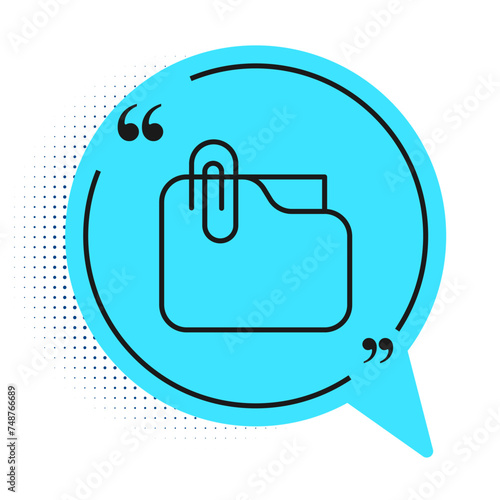 Black line Document folder with paper clip icon isolated on white background. Accounting binder symbol. Bookkeeping management. Blue speech bubble symbol. Vector