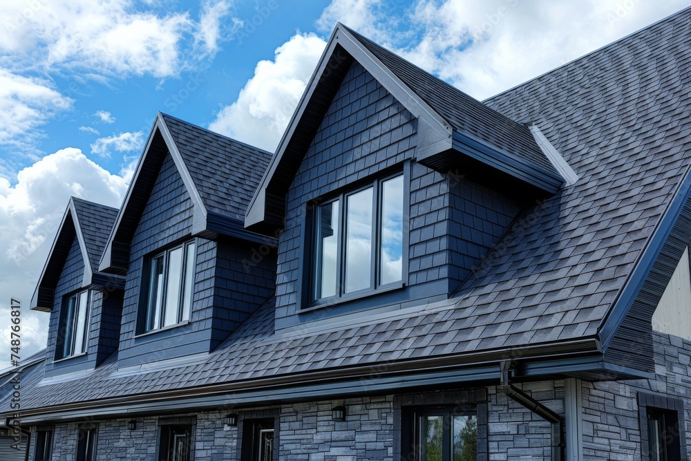 A sleek dark metal dart roof window installed on a pitched roof under a clear blue sky. A sleek dark metal dart roof window installed on a pitched roof under a clear blue sky.
