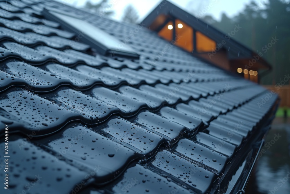 Obraz premium Raindrops glisten on dark tiles of a new roof, with a modern suburban house in the background during rainfall.