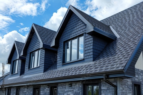 A sleek dark metal dart roof window installed on a pitched roof under a clear blue sky.