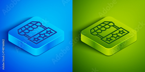 Isometric line Ticket box office icon isolated on blue and green background. Ticket booth for the sale of tickets for attractions and sports. Square button. Vector