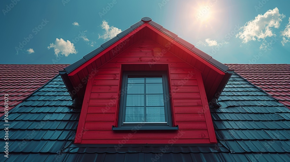 A sleek dark metal dart roof window installed on a pitched roof under a clear blue sky.